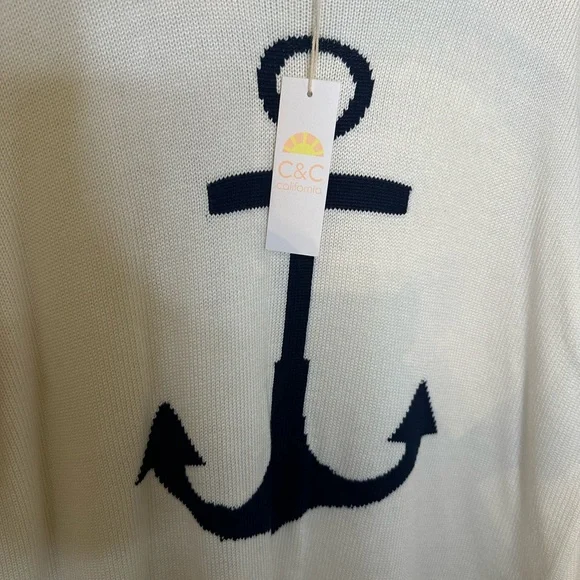 C&C California White Sweater with Navy Anchor - Picture 2 of 8